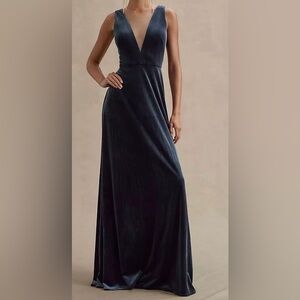 Anthropologie X Jenny Yoo Logan Deep V Velvet Column Gown in Dark Blue Sz 12